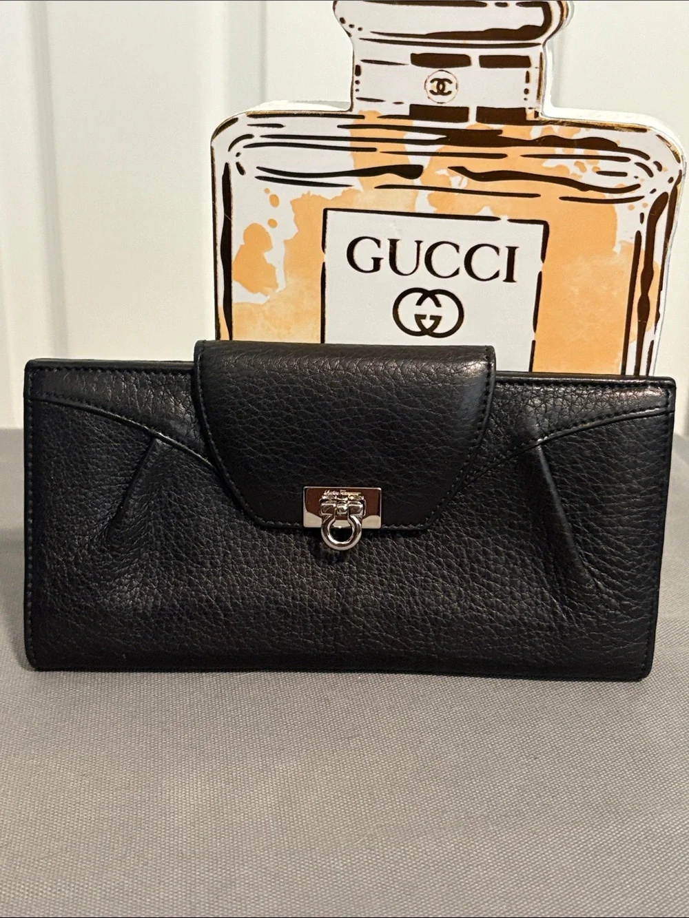 Salvatore Ferragamo Black Leather Continental Wallet with Silver Tone Hardware
